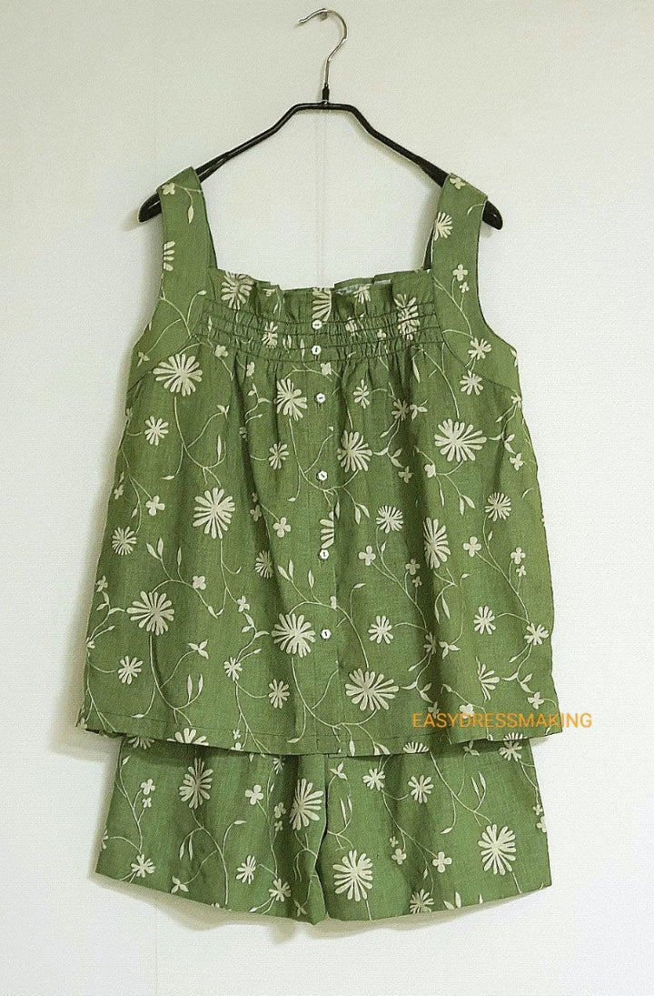 Linen Cotton Blended Fabric with Green Leaf Print (978) - The Linen Lab - Green