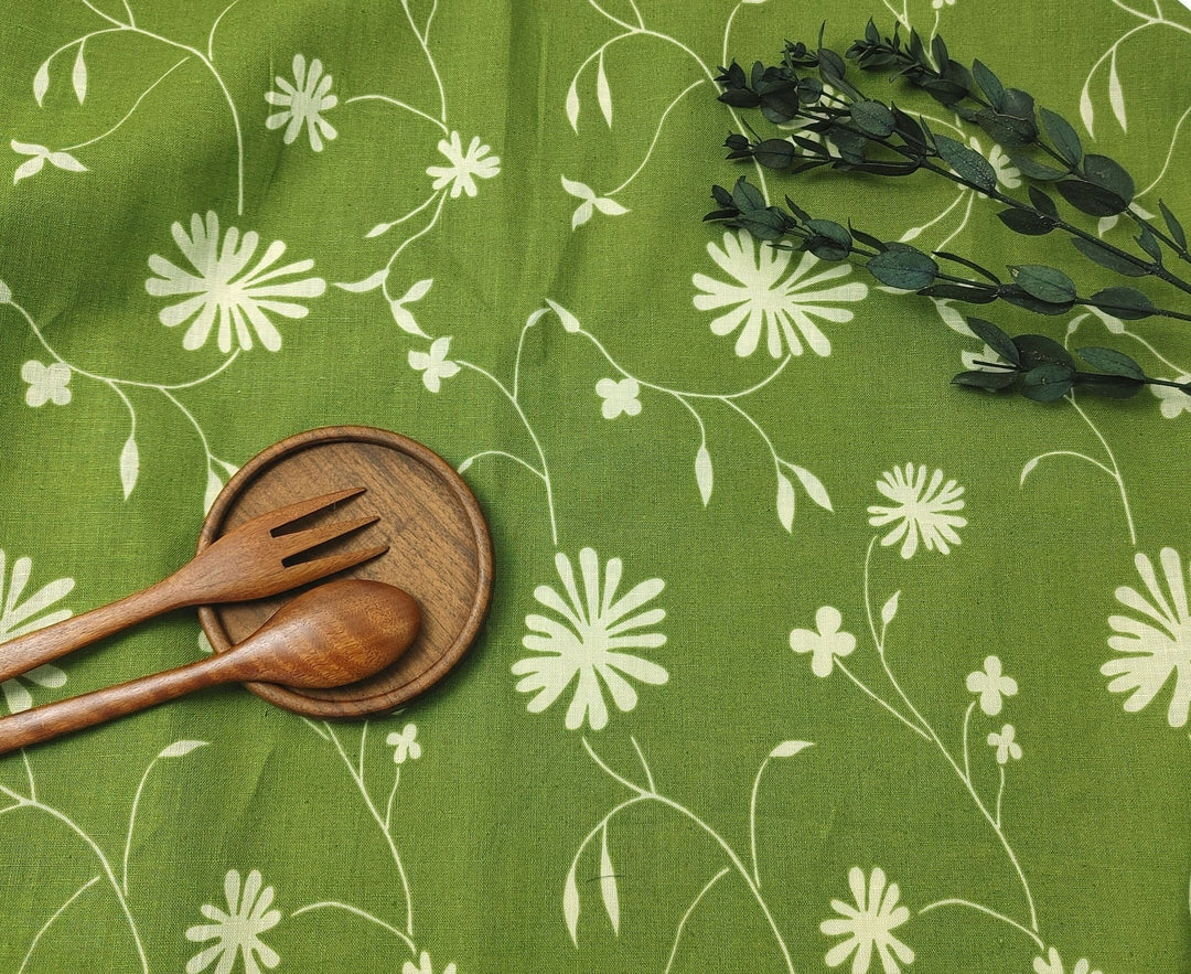 Linen Cotton Blended Fabric with Green Leaf Print (978) - The Linen Lab - Green