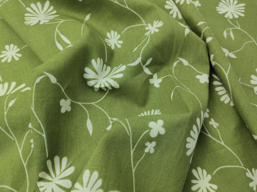 Linen Cotton Blended Fabric with Green Leaf Print (978) - The Linen Lab - Green