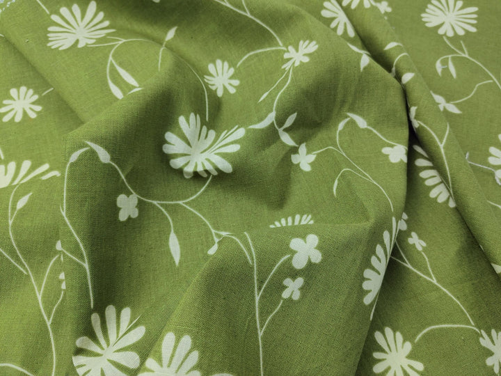 Linen Cotton Blended Fabric with Green Leaf Print (978) - The Linen Lab - Green