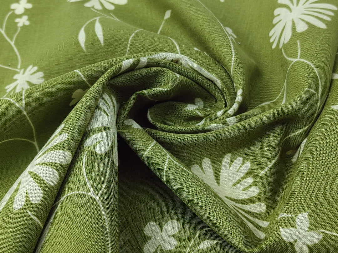 Linen Cotton Blended Fabric with Green Leaf Print (978) - The Linen Lab - Green