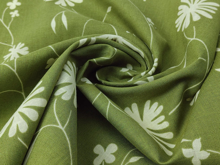 Linen Cotton Blended Fabric with Green Leaf Print (978) - The Linen Lab - Green
