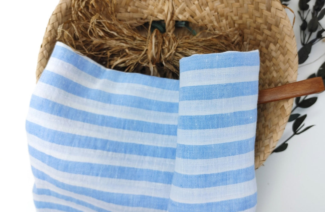 Linen Cotton Blue Horizontal Stripe Fabric Light Weight 7740 - The Linen Lab - Blue