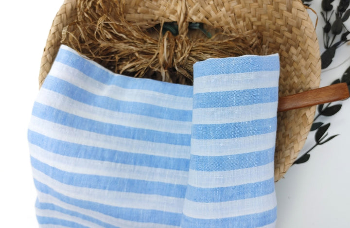 Linen Cotton Blue Horizontal Stripe Fabric Light Weight 7740 - The Linen Lab - Blue