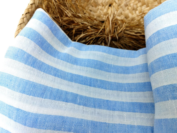 Linen Cotton Blue Horizontal Stripe Fabric Light Weight 7740 - The Linen Lab - Blue