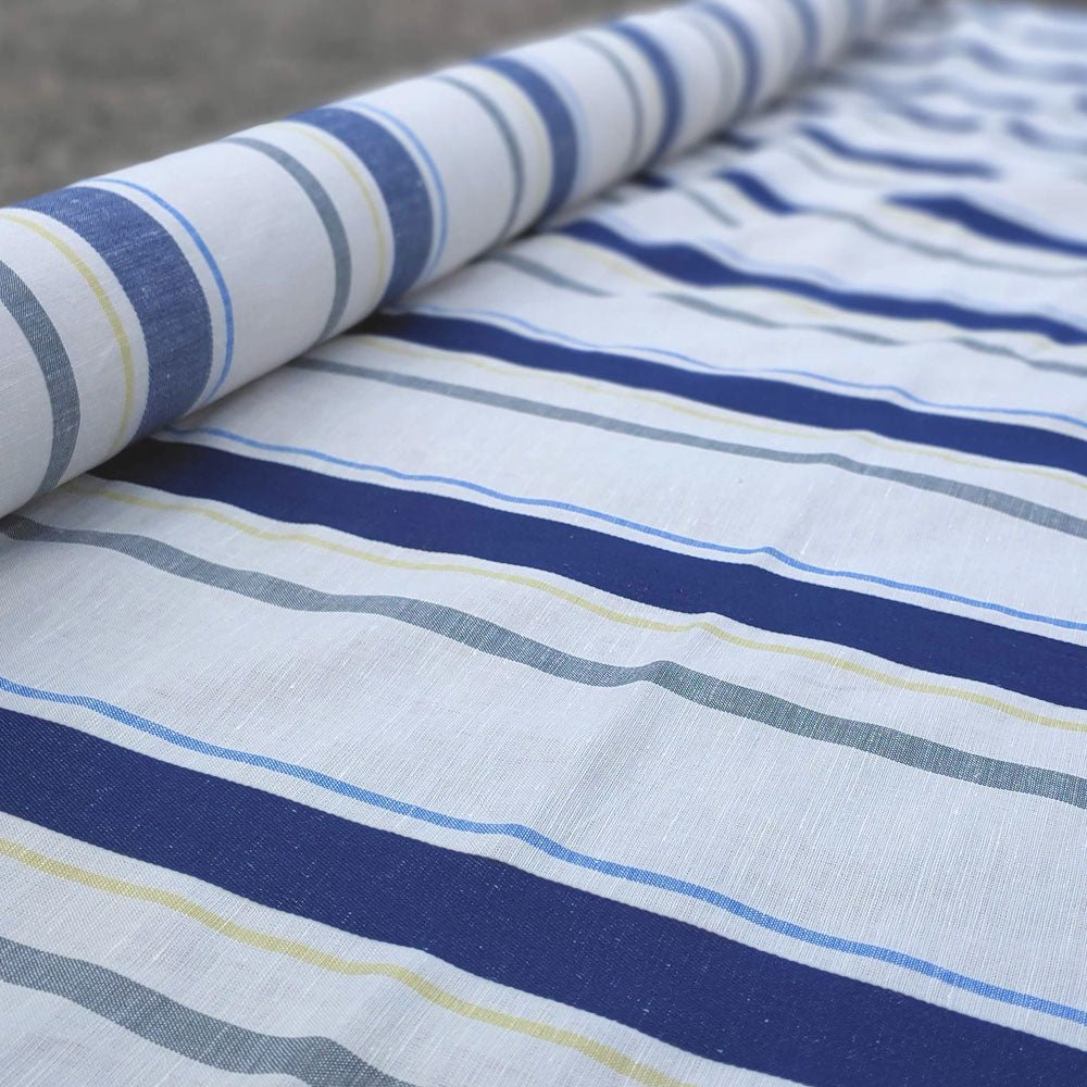 Linen Cotton Dobby Stripe Fabric (6396) - The Linen Lab - Beige with Navy