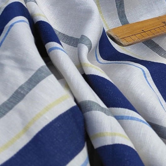 Linen Cotton Dobby Stripe Fabric (6396) - The Linen Lab - Beige with Navy