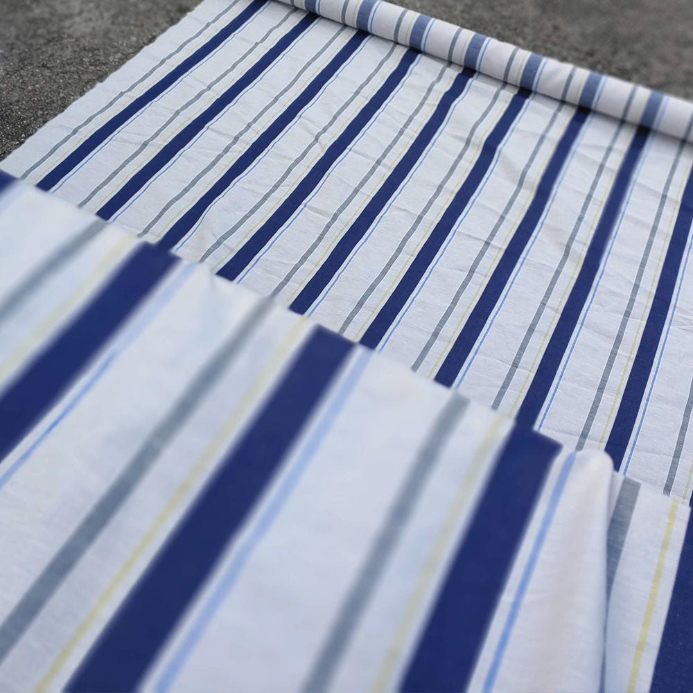 Linen Cotton Dobby Stripe Fabric (6396) - The Linen Lab - Beige with Navy