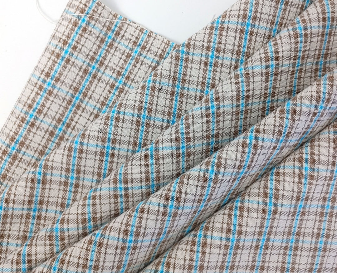 Linen Cotton Plaid Fabric Beige & Blue 7202 - The Linen Lab - Beige
