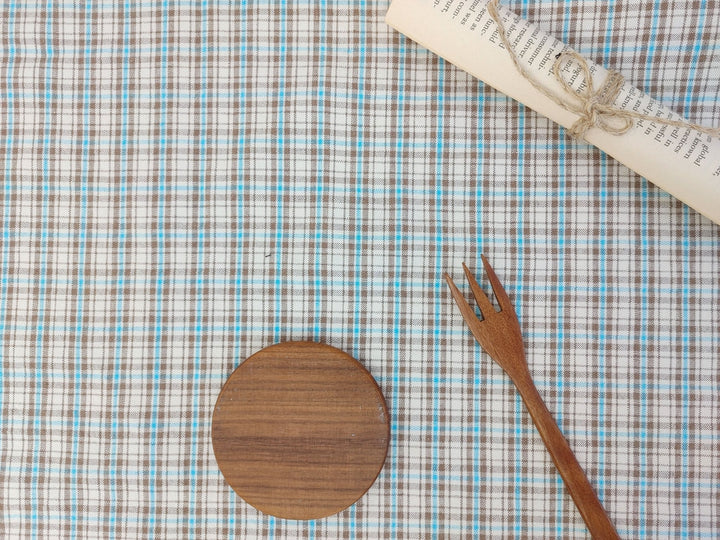 Linen Cotton Plaid Fabric Beige & Blue 7202 - The Linen Lab - Beige