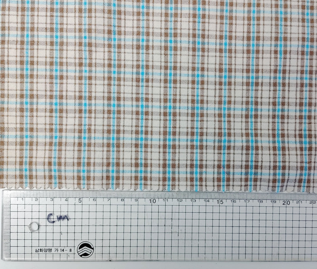Linen Cotton Plaid Fabric Beige & Blue 7202 - The Linen Lab - Beige