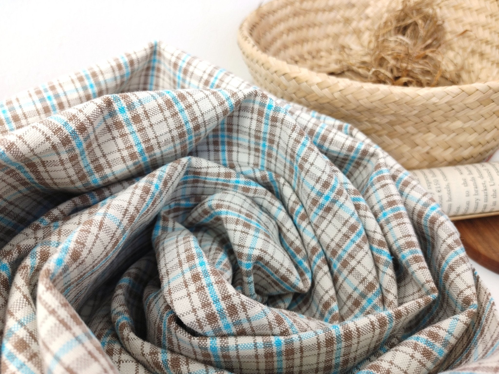 Linen Cotton Plaid Fabric Beige & Blue 7202 - The Linen Lab - Beige