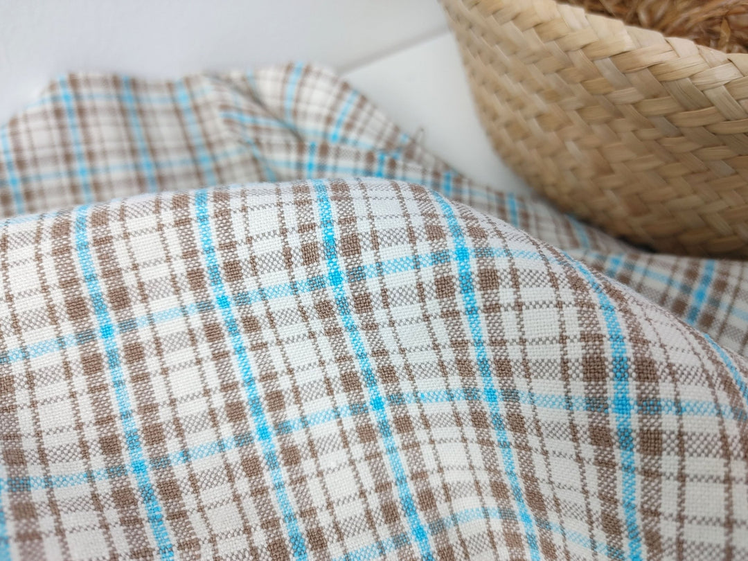 Linen Cotton Plaid Fabric Beige & Blue 7202 - The Linen Lab - Beige