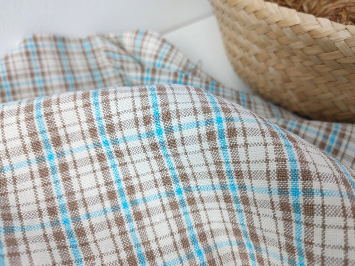 Linen Cotton Plaid Fabric Beige & Blue 7202 - The Linen Lab - Beige