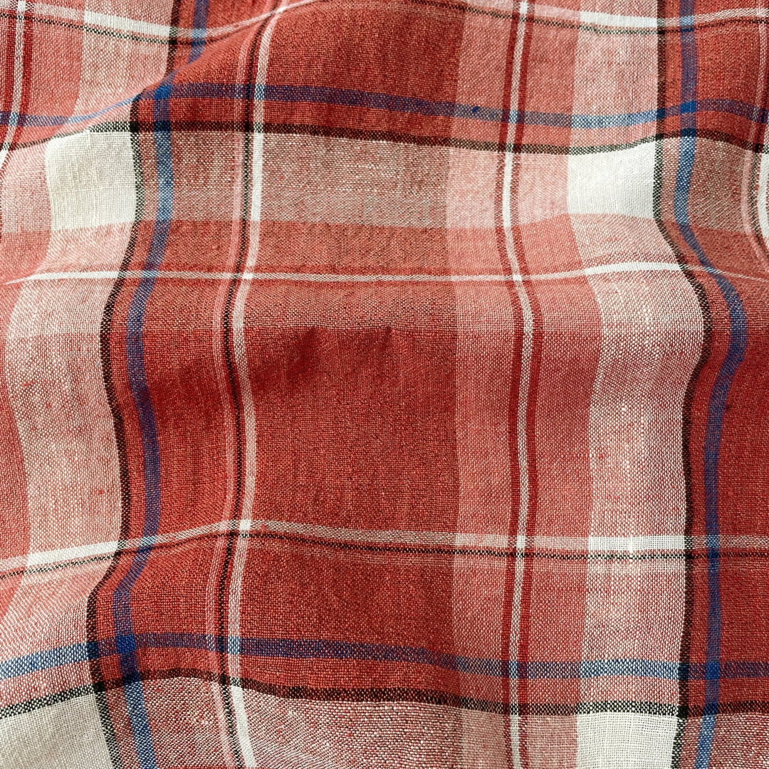 Linen Cotton Polyester Red Check Fabric (7159) - The Linen Lab - Red