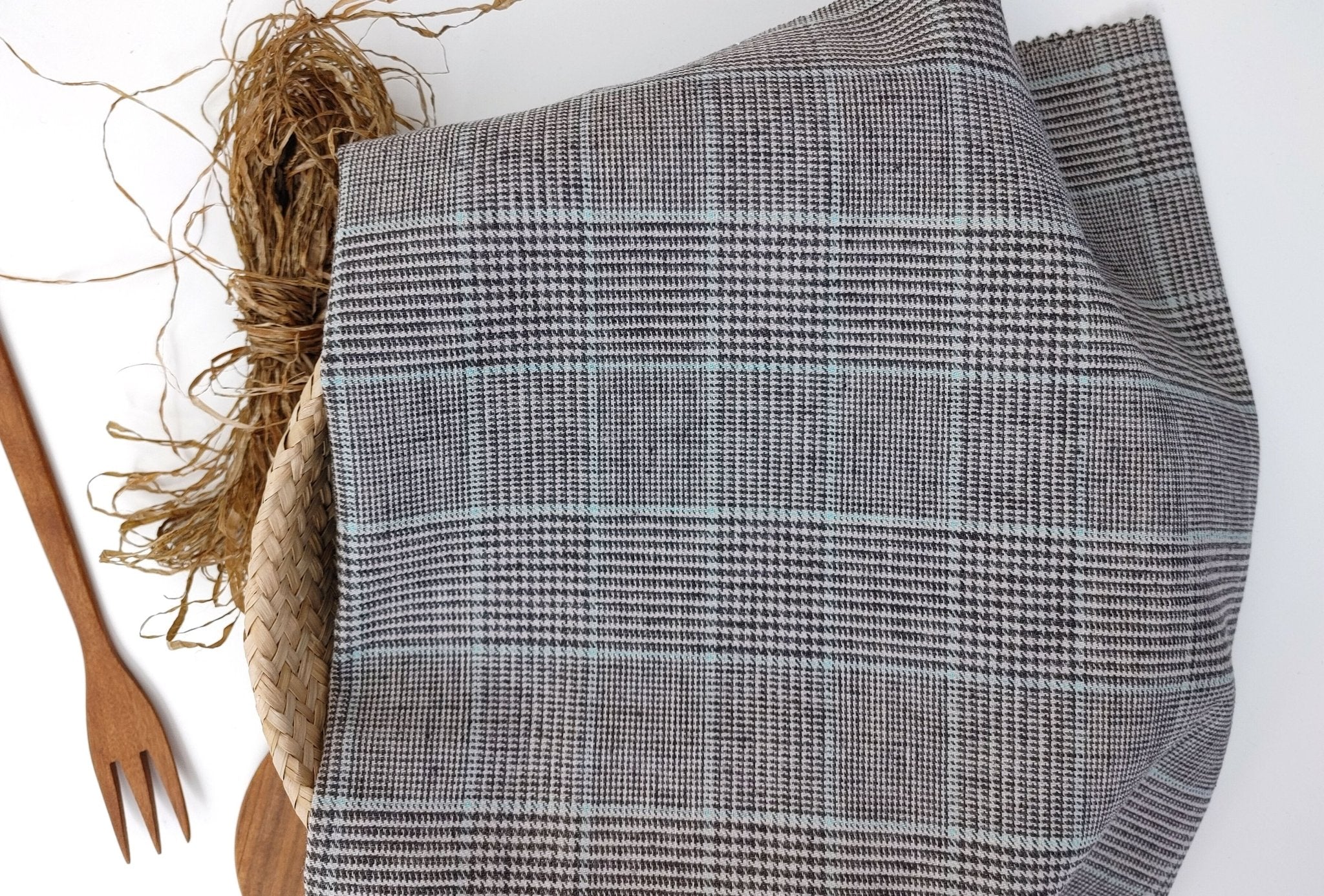 Linen Cotton Polyester Stretch Fabric with Glen Plaid Pattern 7479 - The Linen Lab - Brown