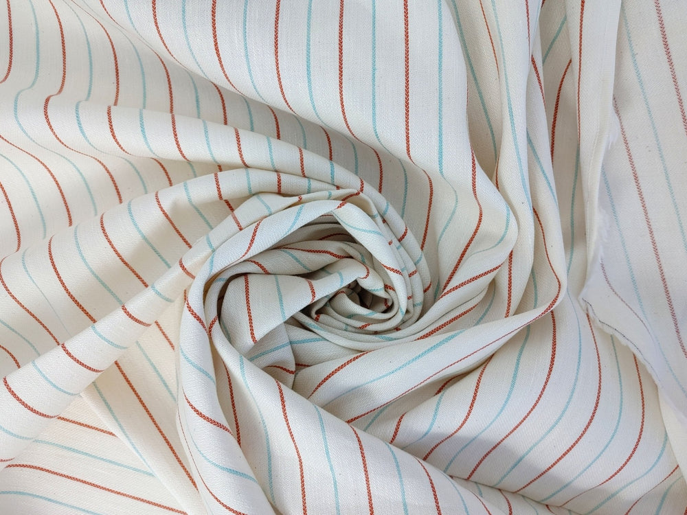 Linen Cotton Red Mint Ivory Stripe Fabric Medium Weight 2296 - The Linen Lab - Ivory