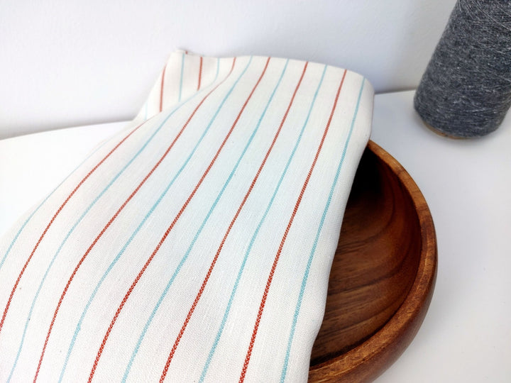 Linen Cotton Red Mint Ivory Stripe Fabric Medium Weight 2296 - The Linen Lab - Ivory