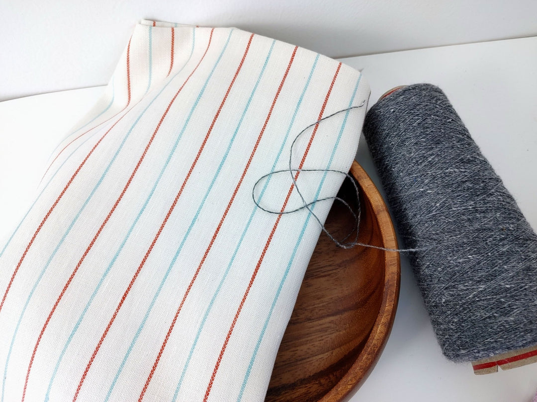 Linen Cotton Red Mint Ivory Stripe Fabric Medium Weight 2296 - The Linen Lab - Ivory
