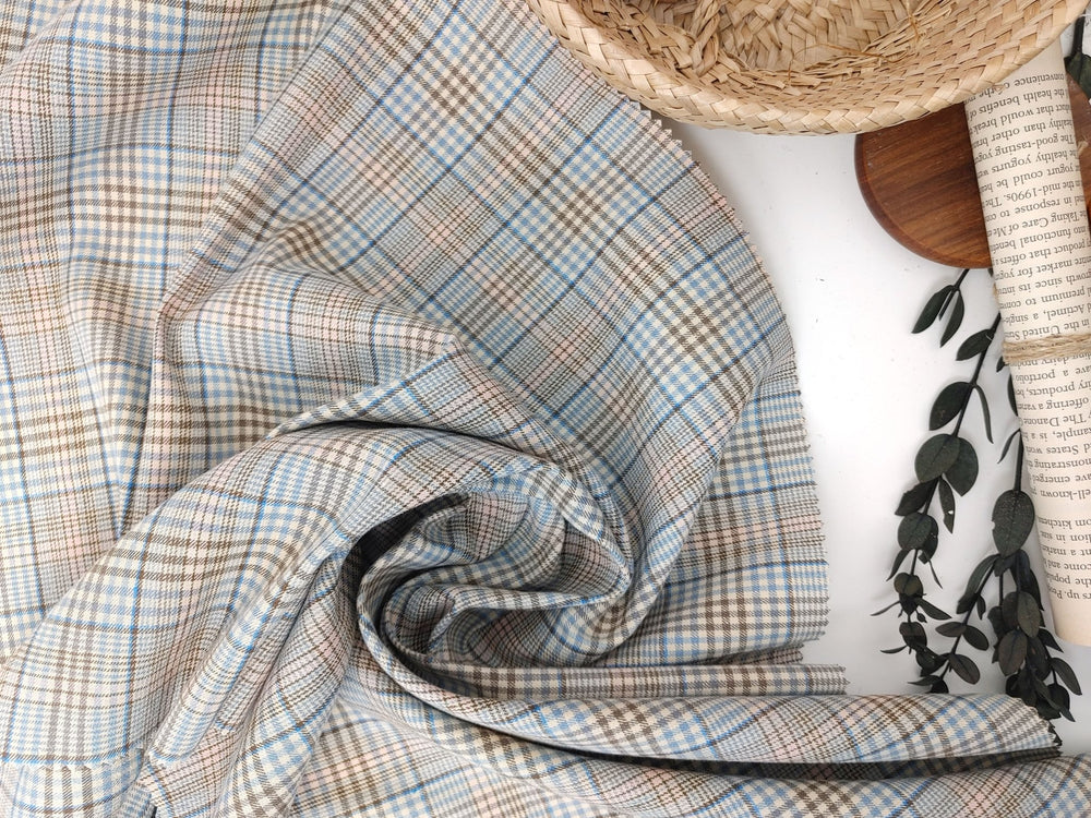 Linen Cotton Stretch Plaid Fabric 7520 - The Linen Lab - Beige