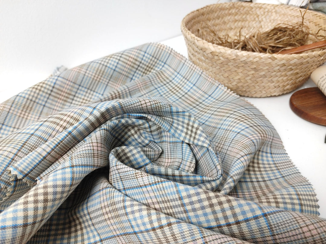 Linen Cotton Stretch Plaid Fabric 7520 - The Linen Lab - Beige