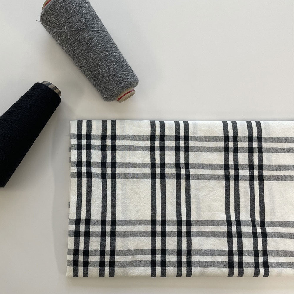 Linen Cotton White and Black Simple Check Fabric (6683) - The Linen Lab - white & black