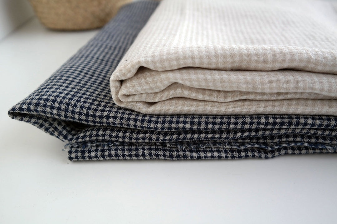 Linen Fabric Seersucker Gingham Check 7161 7235 - The Linen Lab - Beige 7161
