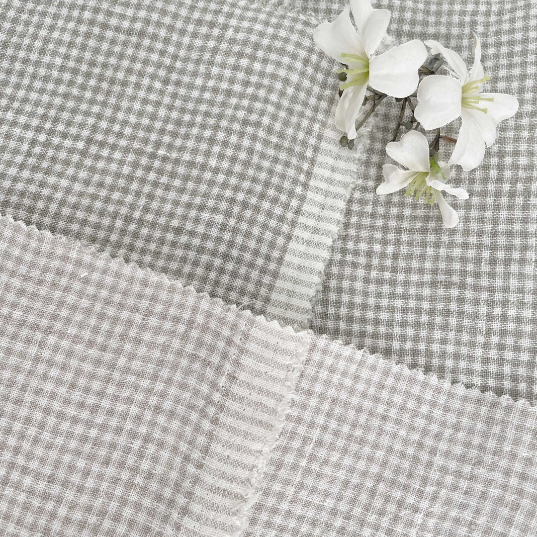 Linen Fabric Seersucker Gingham Check 7328 7329 - The Linen Lab - Beige