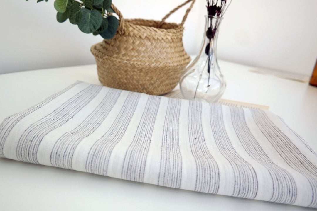 Linen Fabric with Melange Stripe 7203 - The Linen Lab - white with melange stripe