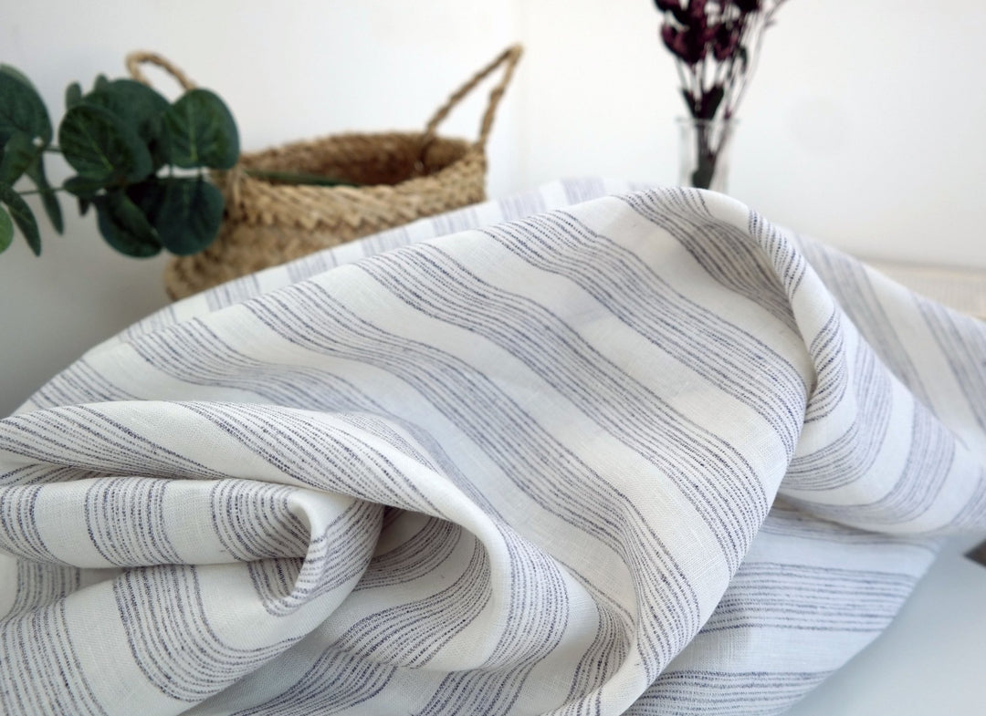 Linen Fabric with Melange Stripe 7203 - The Linen Lab - white with melange stripe