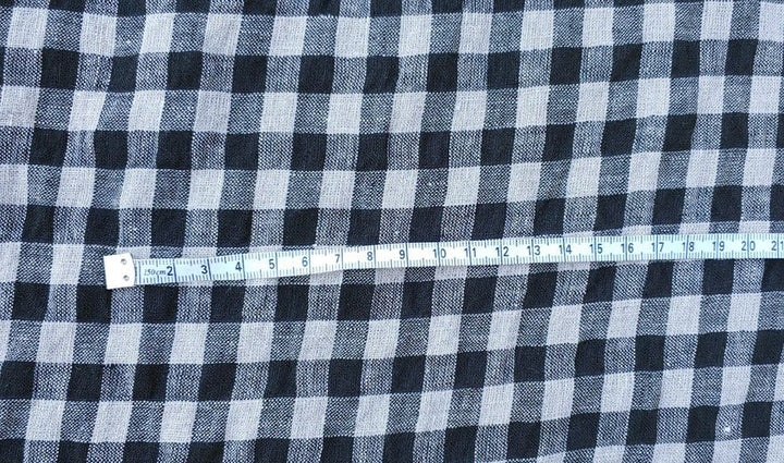 Linen Gingham Check Seersucker Stretch Fabric (6515) - The Linen Lab - Black and Natural