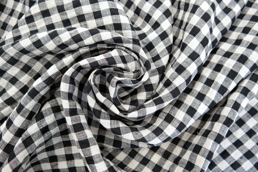Linen Gingham Check Seersucker Stretch Fabric (6515) - The Linen Lab - Black and Natural