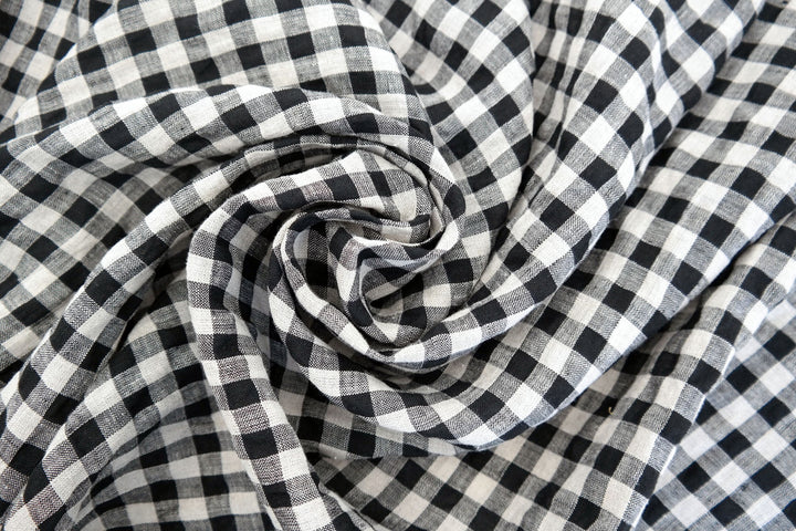 Linen Gingham Check Seersucker Stretch Fabric (6515) - The Linen Lab - Black and Natural