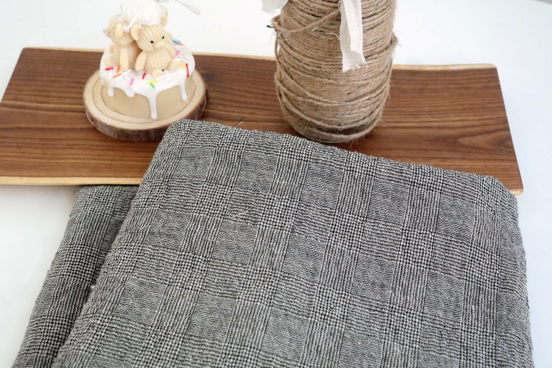 Linen Glen Plaid 4-way Stretch Fabric with Wrinkle Effect 7319 - The Linen Lab - BLACK
