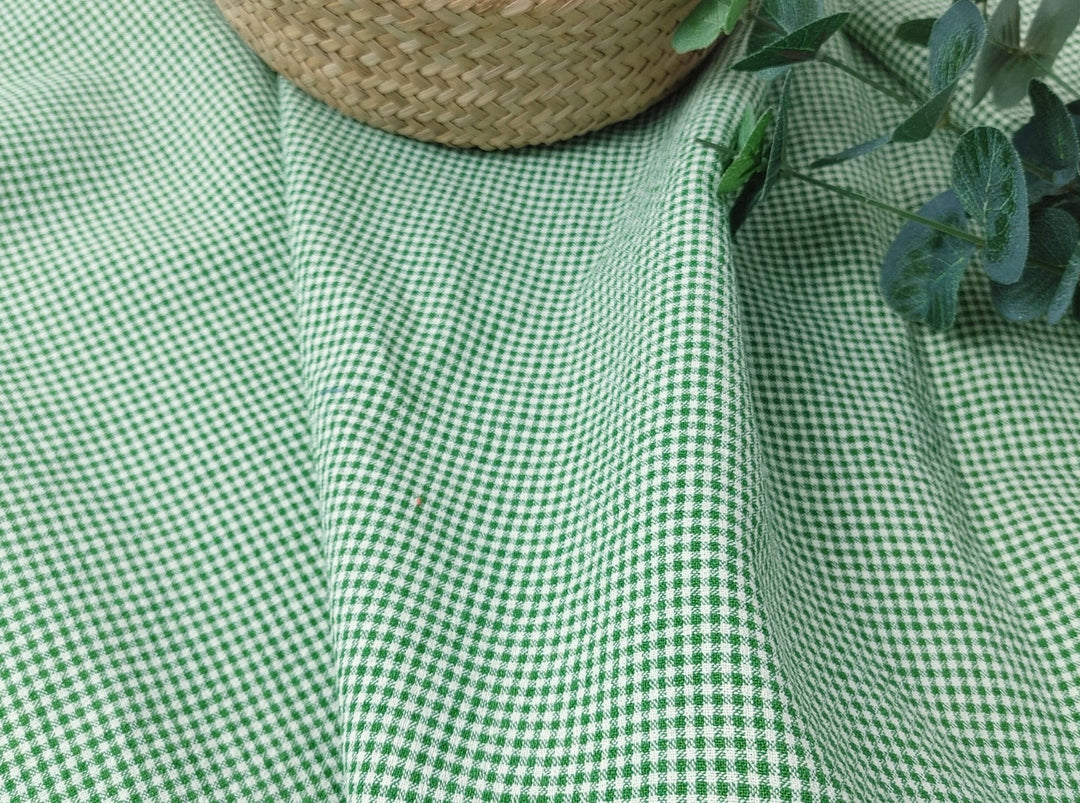 Linen Nylon Cotton Small Check Fabric with Subtle Seersucker Effect - A Blend of Comfort and Style 7635 7636 - The Linen Lab - Green