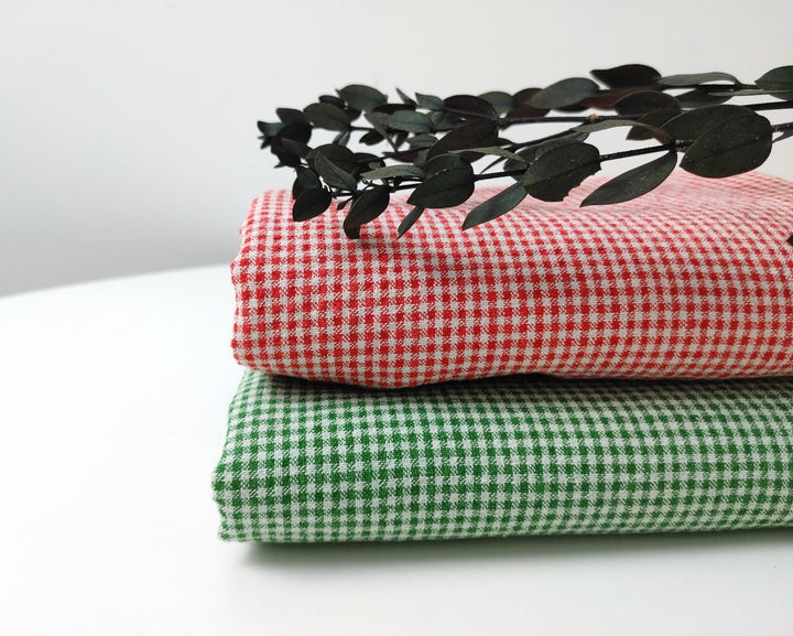 Linen Nylon Cotton Small Check Fabric with Subtle Seersucker Effect - A Blend of Comfort and Style 7635 7636 - The Linen Lab - Red