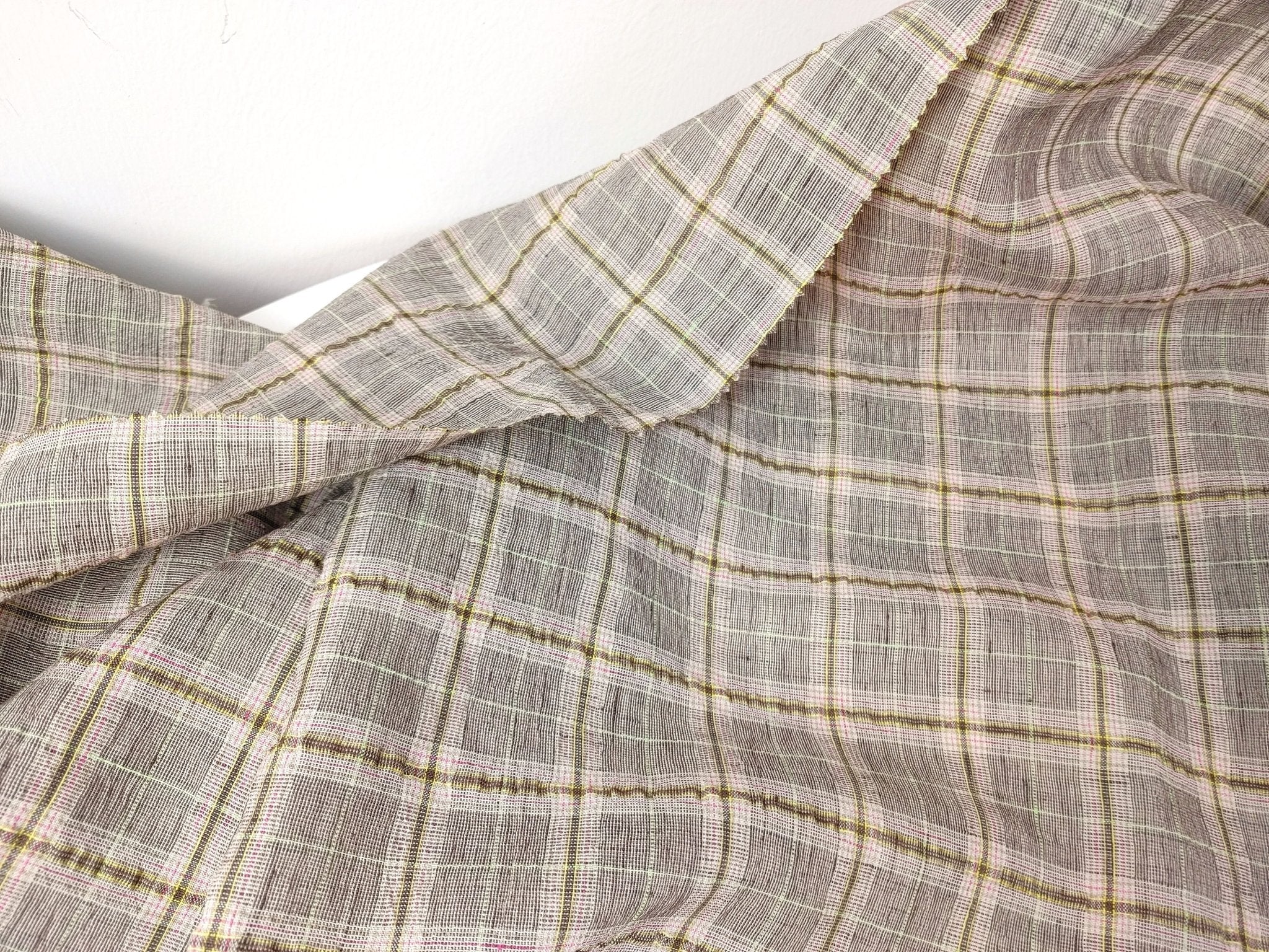 Linen Polyester Stretch Fabric with Wrinkle Effect Tartan Plaid 7754 - The Linen Lab - Brown