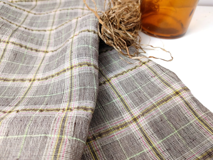 Linen Polyester Stretch Fabric with Wrinkle Effect Tartan Plaid 7754 - The Linen Lab - Brown