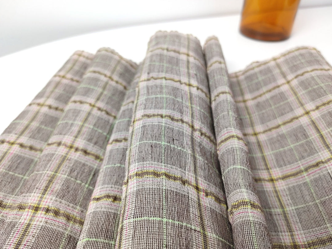 Linen Polyester Stretch Fabric with Wrinkle Effect Tartan Plaid 7754 - The Linen Lab - Brown