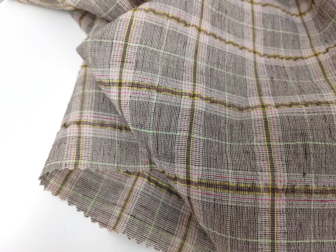 Linen Polyester Stretch Fabric with Wrinkle Effect Tartan Plaid 7754 - The Linen Lab - Brown