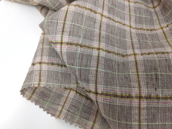 Linen Polyester Stretch Fabric with Wrinkle Effect Tartan Plaid 7754 - The Linen Lab - Brown