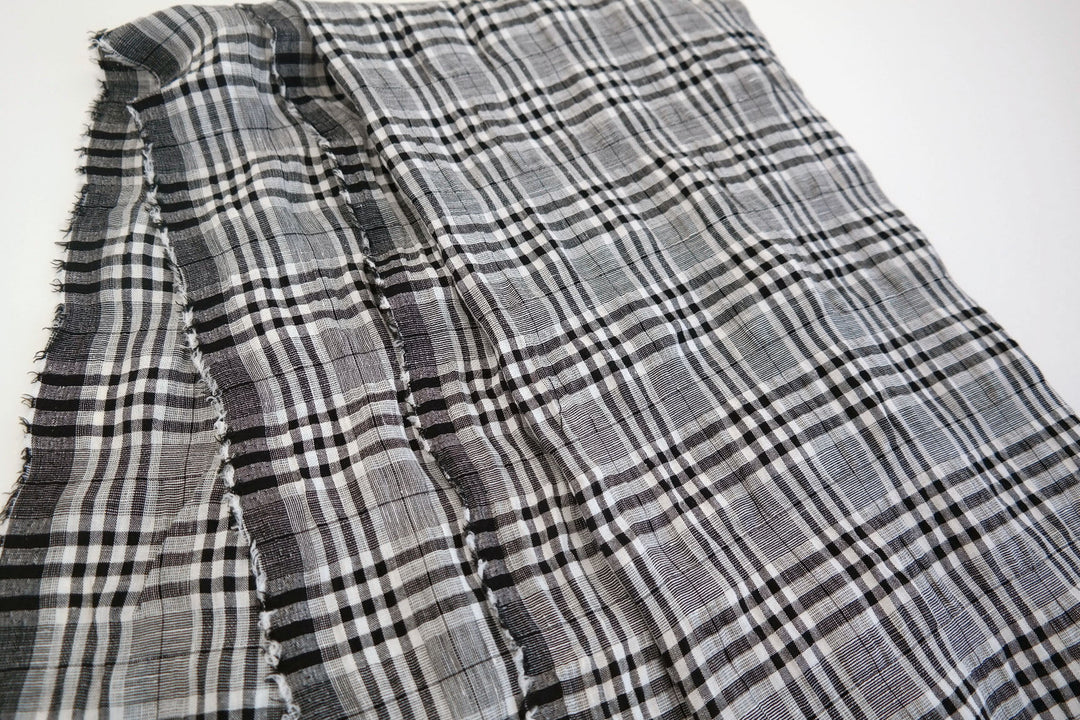 Linen Rayon Plaid Stretch Wrinkled Fabric (6713) - The Linen Lab - White and Black