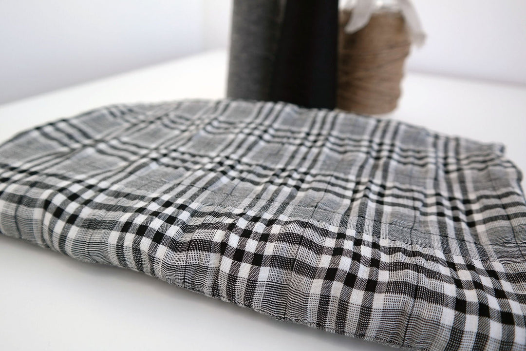 Linen Rayon Plaid Stretch Wrinkled Fabric (6713) - The Linen Lab - White and Black
