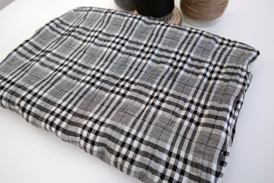 Linen Rayon Plaid Stretch Wrinkled Fabric (6713) - The Linen Lab - White and Black