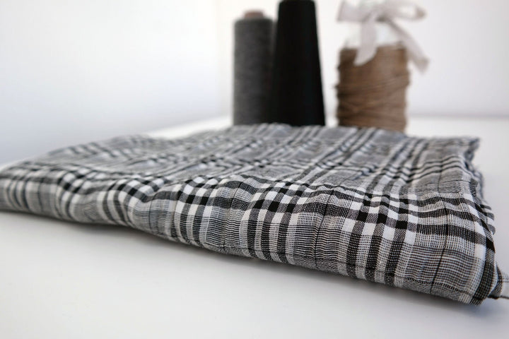 Linen Rayon Plaid Stretch Wrinkled Fabric (6713) - The Linen Lab - White and Black
