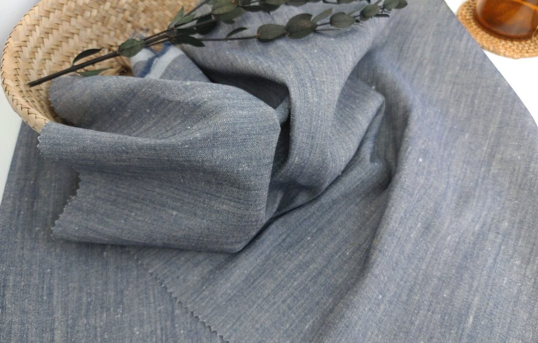 Linen Rayon Stretch Fabric in Dark Blue Chambray 366 - The Linen Lab - Blue(Dark)