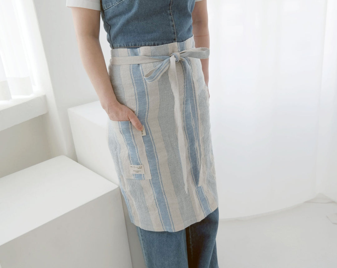 Linen Simple Half Apron - The Linen Lab - Blue stripe