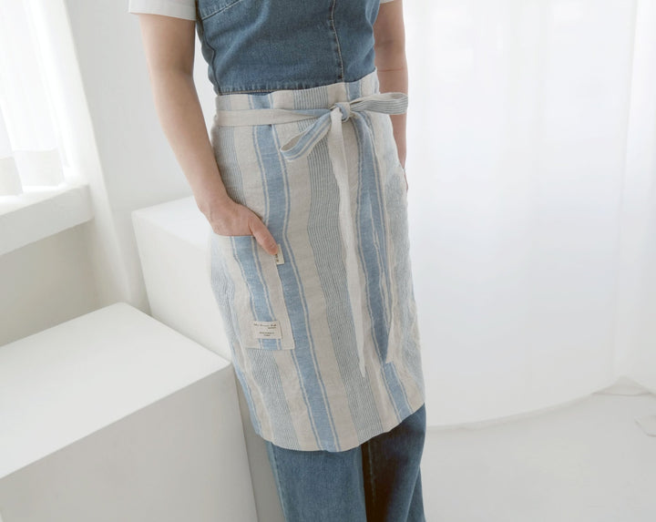 Linen Simple Half Apron - The Linen Lab - Blue stripe