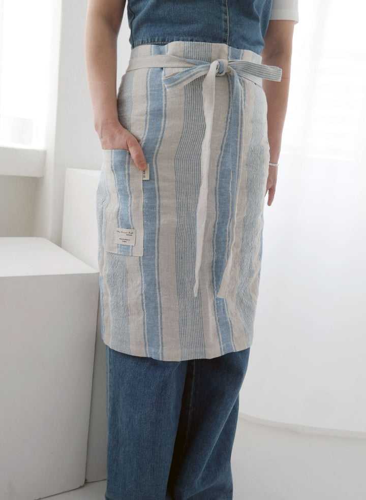Linen Simple Half Apron - The Linen Lab - Blue stripe