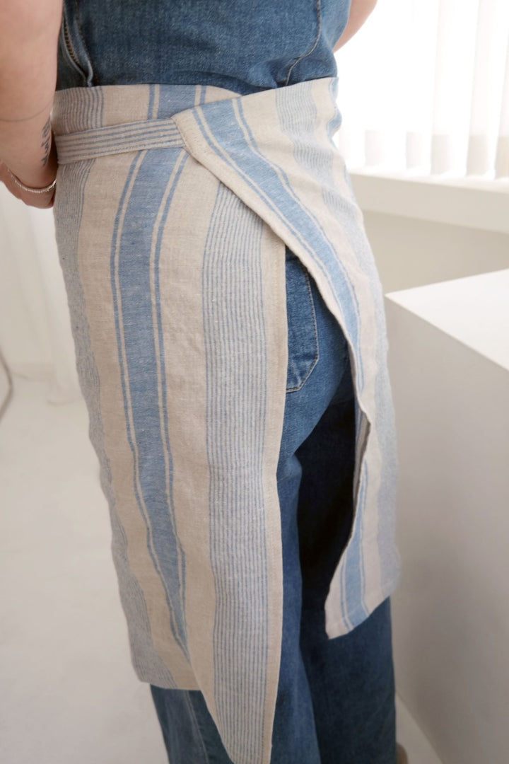 Linen Simple Half Apron - The Linen Lab - Blue stripe